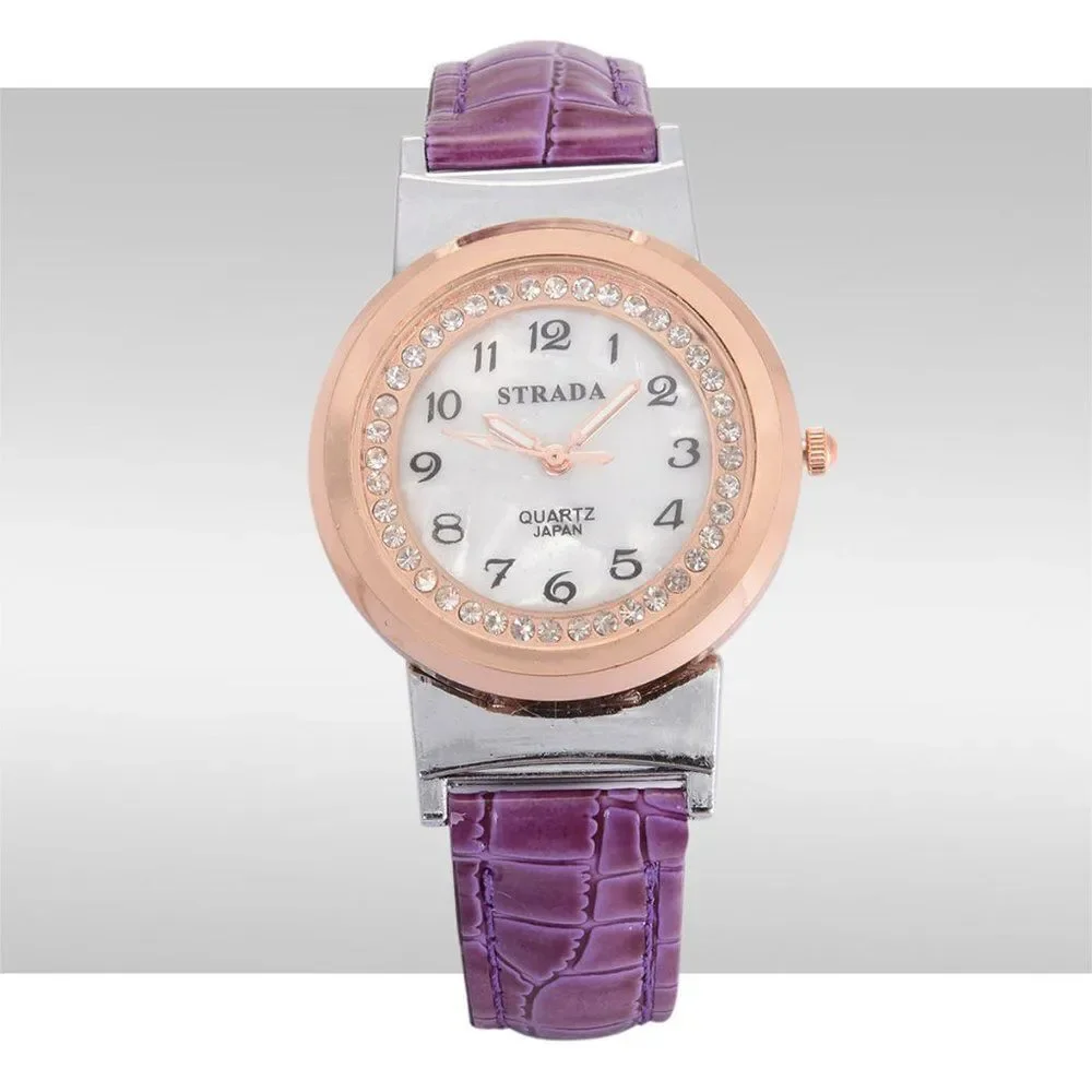 STRADA Austrian Crystal Watch Purple Faux Leather Band